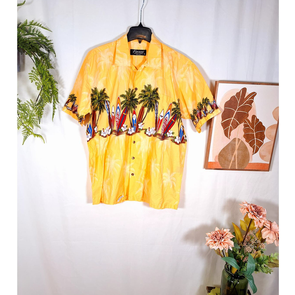 Favant Men's Hawaiian Button-Up Short-Sleeve Shirt XL Yellow